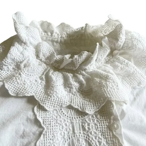 Anne Fontaine White 3/4 Bell Sleeve Embroidered Lace Ruffle Collar Blouse Sz 10 - Picture 3 of 10